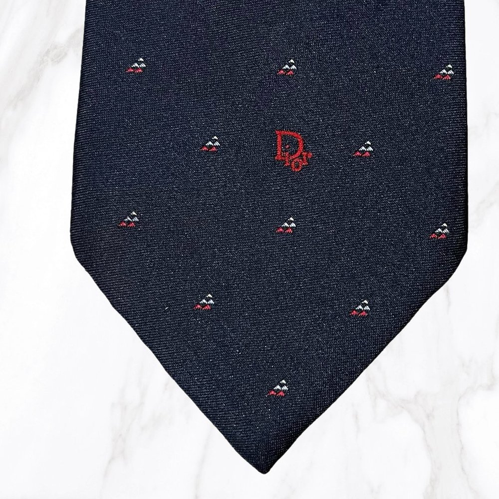 Vintage Christian Dior Navy Blue Silk Blend Graphic Tie, OS - Picture 3 of 5